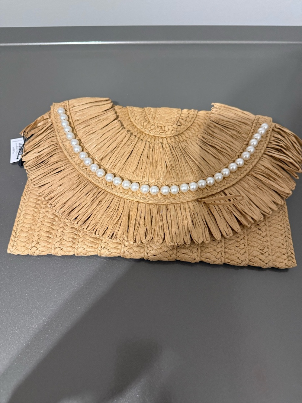 Boston Proper Tan Straw Fringe Clutch with Pearl Trim
